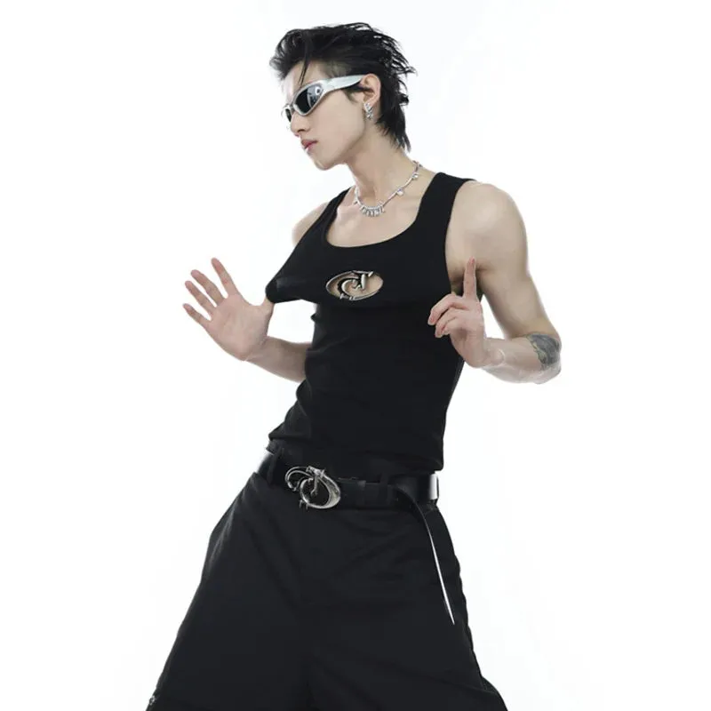 Summer Niche Design Metal Hollow Out Men's Vests Fashion Trendy Solid Color Sleeveless Tank Tops American Style 9A8385