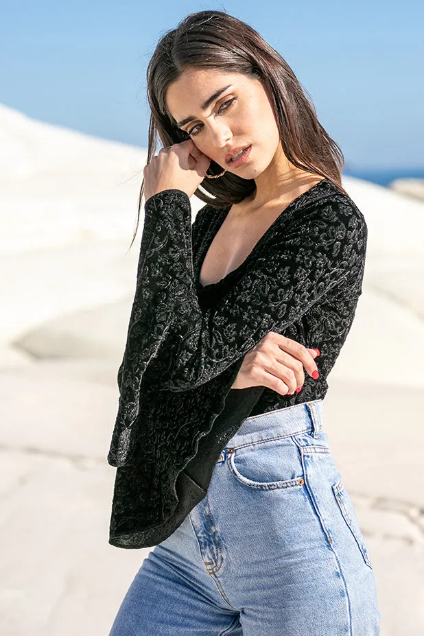 Sun Sea & Roses – Hebe Square Neck Flare Velvet Bodysuit Black