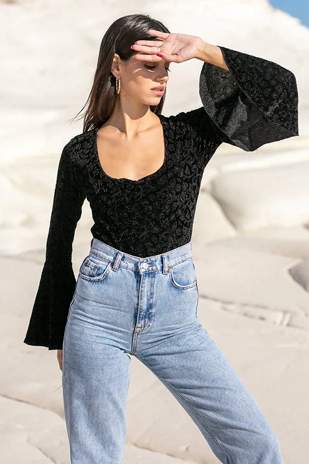 Sun Sea & Roses – Hebe Square Neck Flare Velvet Bodysuit Black