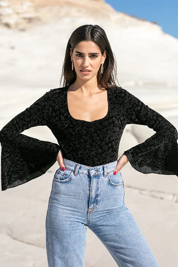 Sun Sea & Roses – Hebe Square Neck Flare Velvet Bodysuit Black