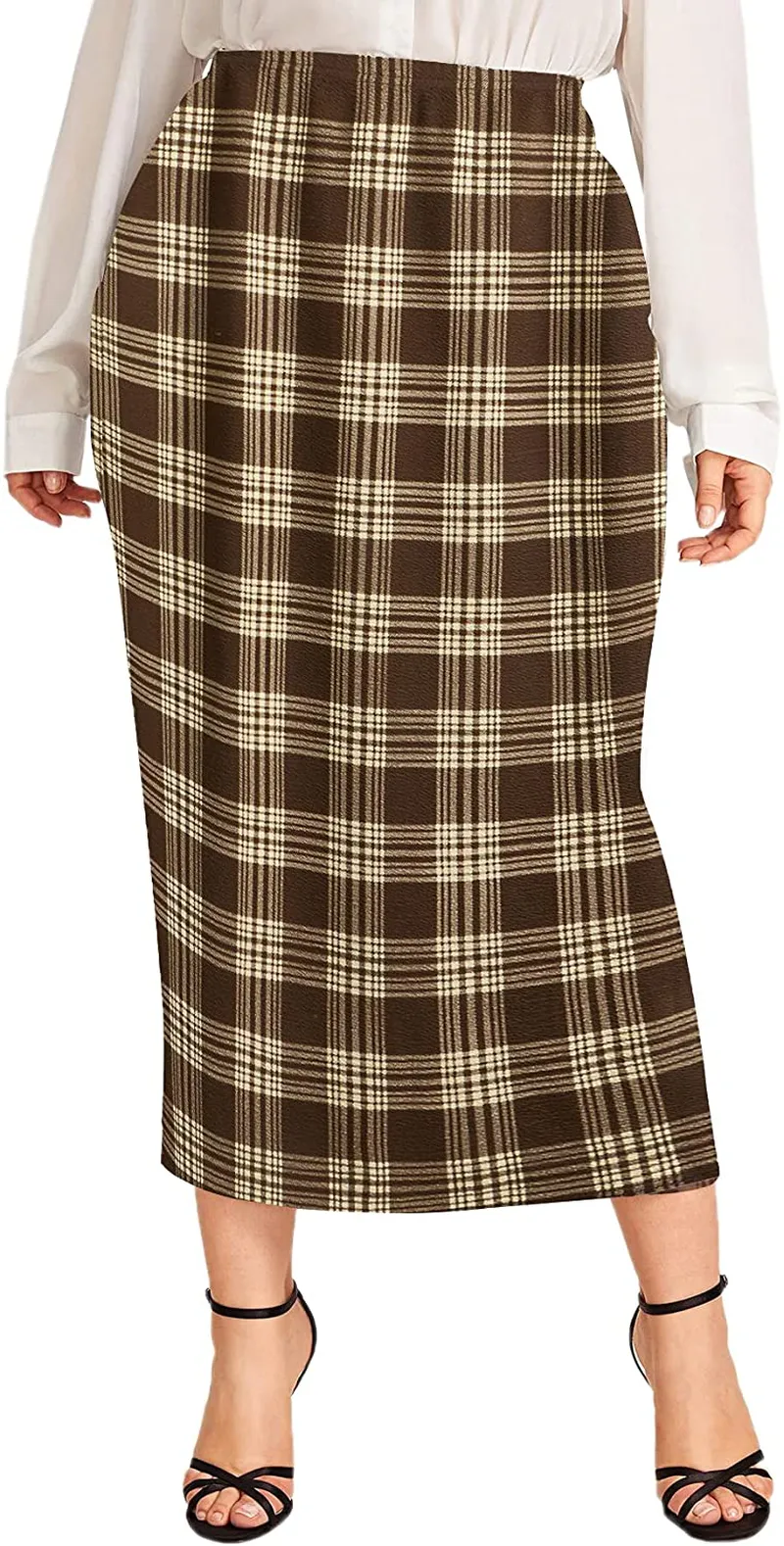 Verdusa Women's Plus Size Plaid Print Elastic Waist Bodycon Long Skirt