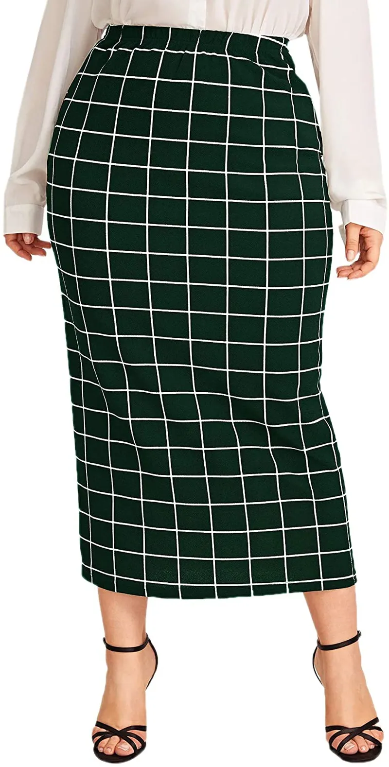 Verdusa Women's Plus Size Plaid Print Elastic Waist Bodycon Long Skirt