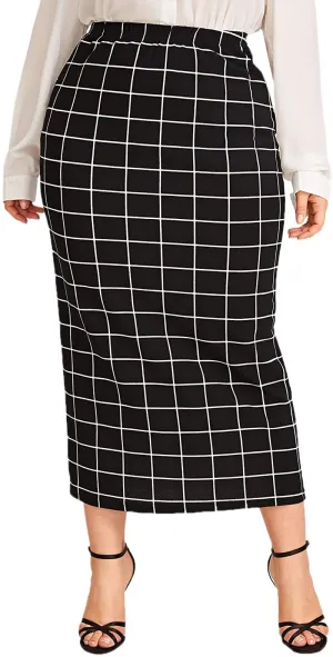 Verdusa Women's Plus Size Plaid Print Elastic Waist Bodycon Long Skirt