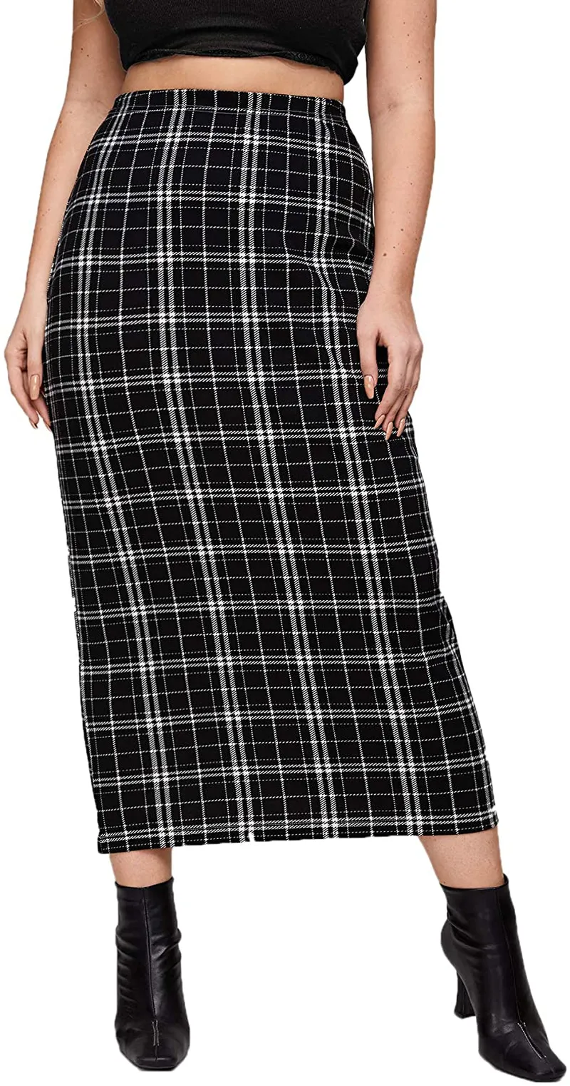 Verdusa Women's Plus Size Plaid Print Elastic Waist Bodycon Long Skirt