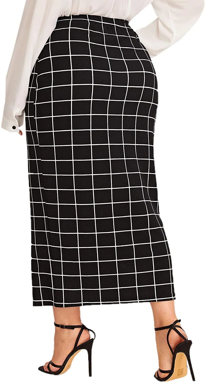 Verdusa Women's Plus Size Plaid Print Elastic Waist Bodycon Long Skirt