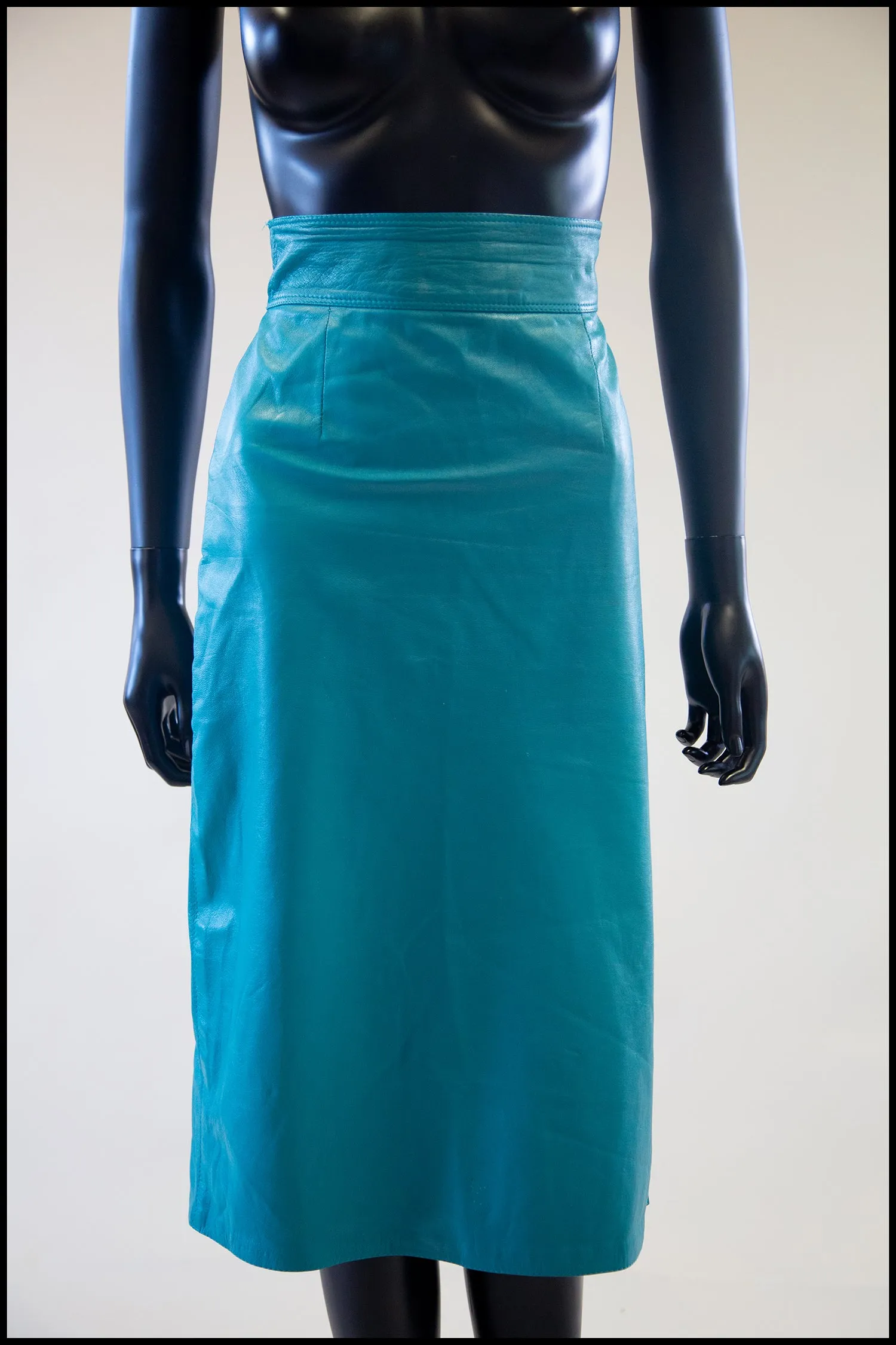 Vintage 1980s Turquoise Leather Pencil Skirt