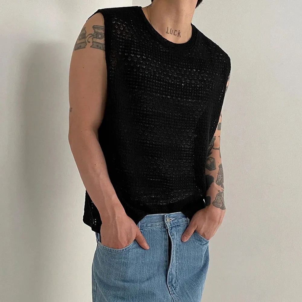 Wiaofellas  -  Hollow Out Knitted Tank Top For Men Summer Loose Sleeveless T-shirt Korean Style Trendy Round Collar Vests