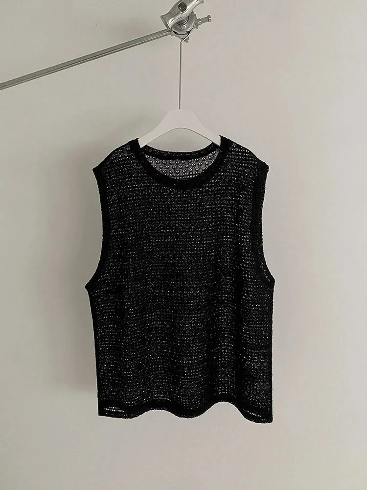 Wiaofellas  -  Hollow Out Knitted Tank Top For Men Summer Loose Sleeveless T-shirt Korean Style Trendy Round Collar Vests