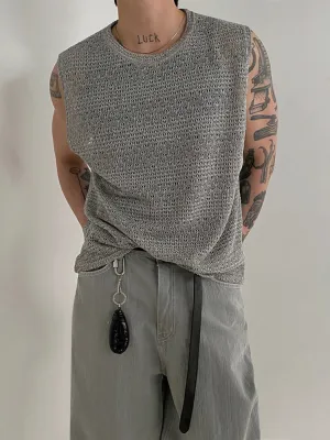 Wiaofellas  -  Hollow Out Knitted Tank Top For Men Summer Loose Sleeveless T-shirt Korean Style Trendy Round Collar Vests